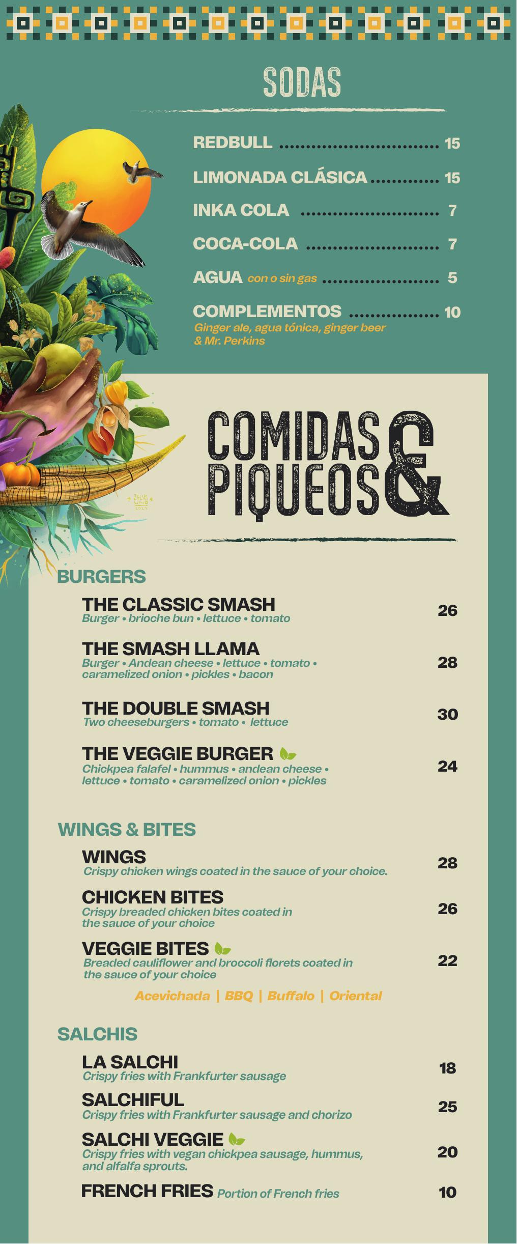 Black Llama Hostel bar food menu — burgers, snacks and Peruvian bites in Cusco